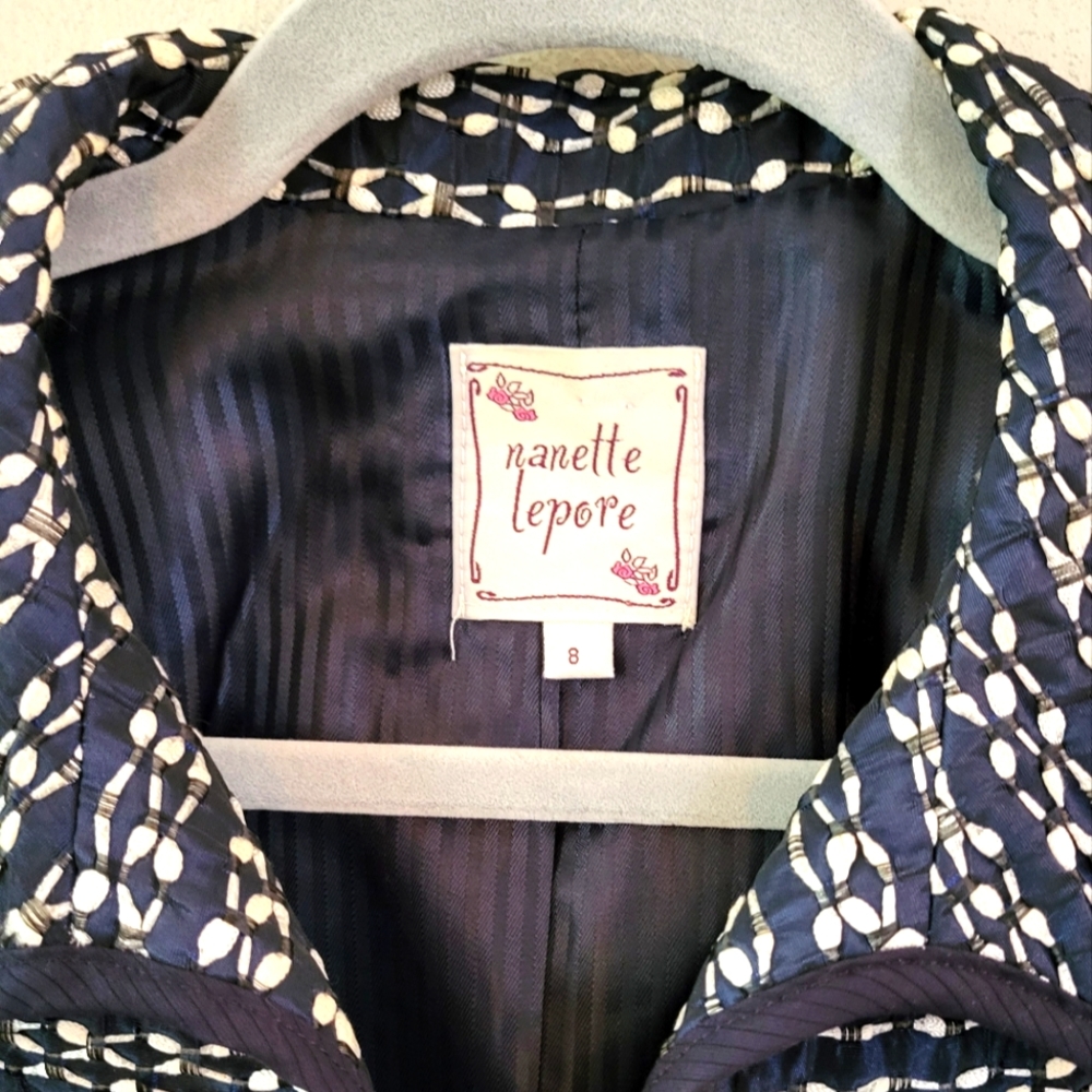 Nanette Lepore Cropped Puff-Sleeve Suit Jacket | Navy Blue and White - Picture 4 of 7